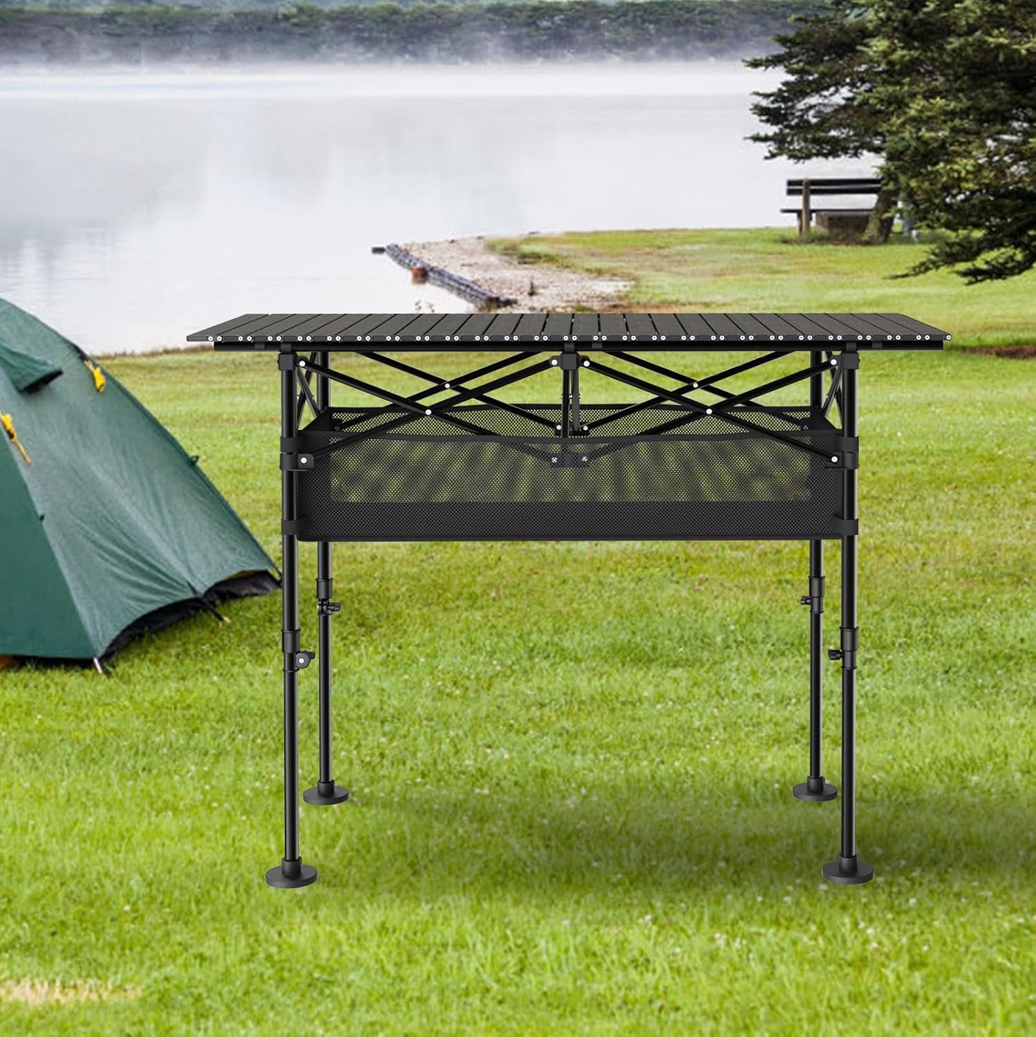 Adjustable Folding Camping Table with Mesh Storage - Image 2